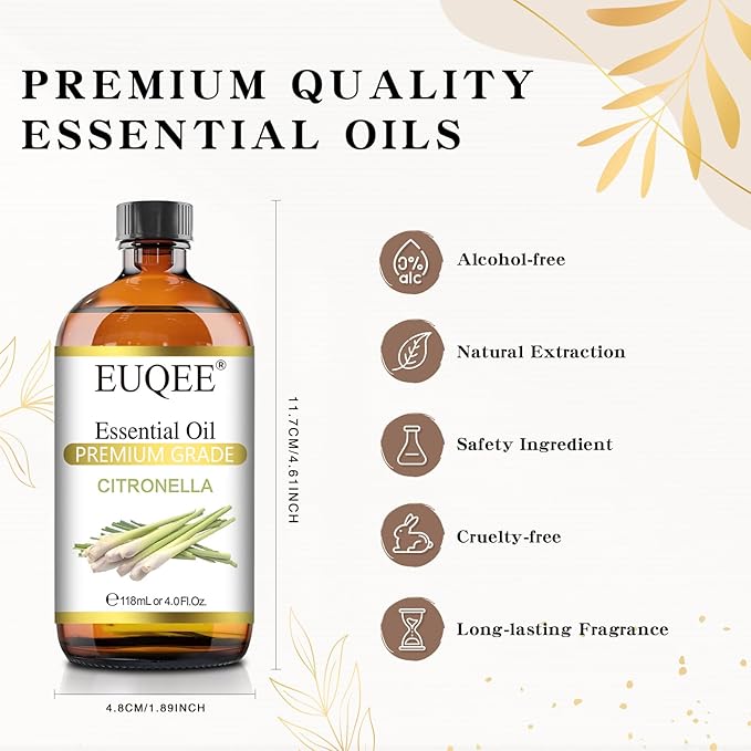 EUQEE Citronella Essential Oil, 118ml Large Gift Box Pure Citronella Oil with Glass Dropper for Candle Making, Diffuser, Humidifier - 4 fl oz. - Bloomnest