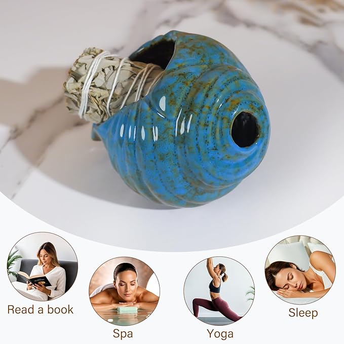 Blue Conch Chiminea Palo Santo Burner - Ceramic Smudging Bowl、Incense Chimney,Works with Sage、Incense Cones,Energy Cleansing-Thoughtful Gifts for Meditation, Altar,Spa,Yoga, Aromatherapy - Bloomnest