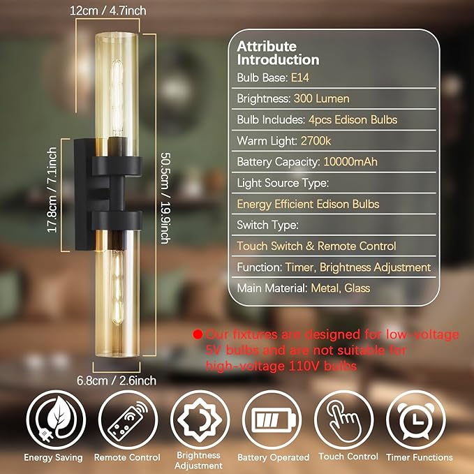 Rechargeable Wall Sconces Set of Two with Remote, Black Battery Operated Wall Sconce with Amber Glass, Sconces Wall Decor Set of 2 Wall Light Fixtures for Bedroom Bathroom Mirror Living Room - Bloomnest