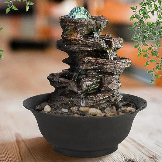 Ferrisland Tabletop Rock - Stacked Waterfall Fountain with LED - Lit Crystal Ball, Ideal for Office & Home Decor(Brown Gray) - Bloomnest