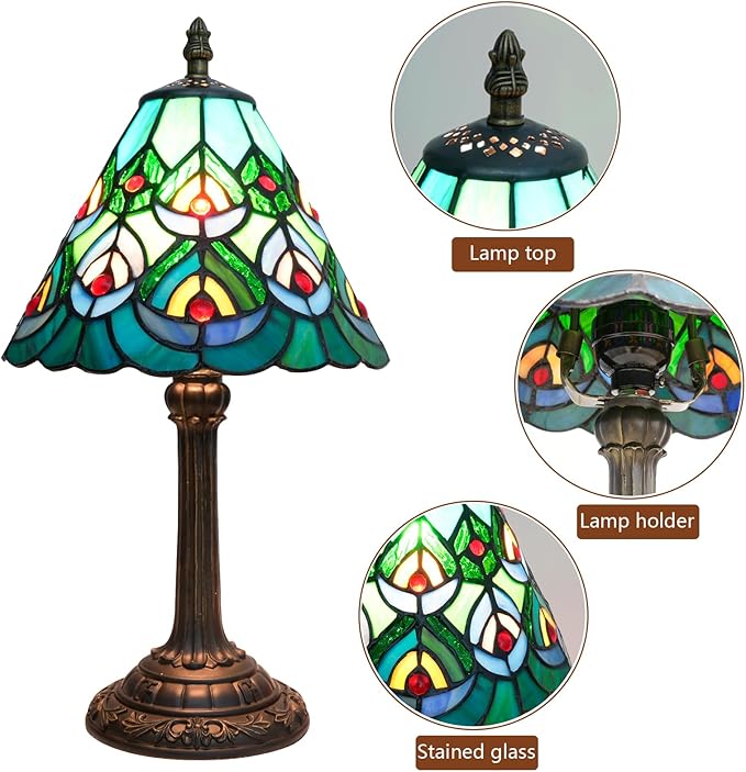 Green Peacock Decor Small Tiffany Style Table Lamp Antique Stained Glass Lamps Vintage Bedroom Bedside Reading Light Living Room Hotel Bar Kitchen Home Red Glass Bead Cute Accent Night Light 8 Inch - Bloomnest
