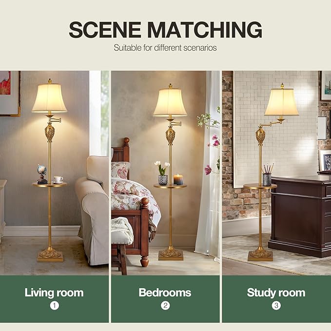 Traditional LED Floor Lamp with 350° Adjustable Swing Arm Lamp – Vintage Standing Pole lamp for Living Room, Bedroom and Office – Rustic Upright Floor Light for Home Décor with Silk Fabric Shade - Bloomnest
