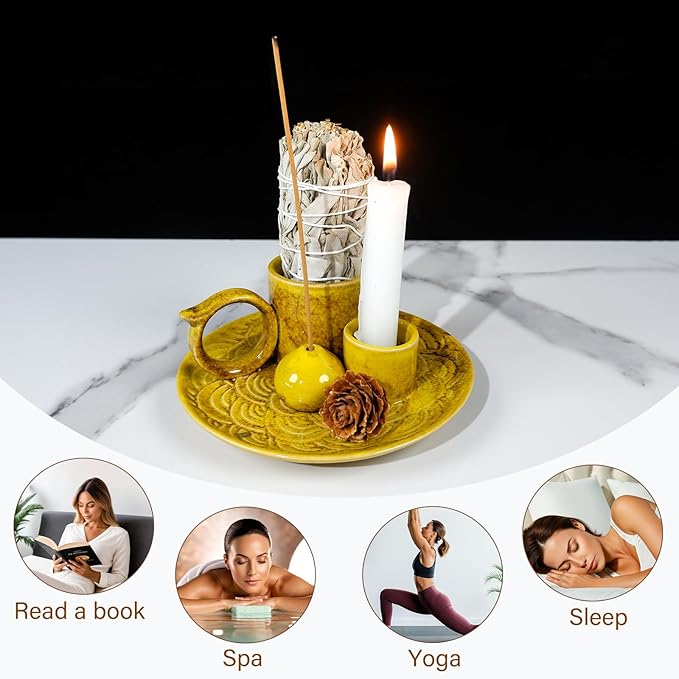 5.1-Inch 5-in-1 Yellow Ceramic Incense Holder - Fits Palo Santo, Sage, Incense Sticks/Cones, Small Candle, Smudge Burning Tray.Zen Altar for Meditation/Yoga, Aromatic Scents, Matches Friendly - Bloomnest