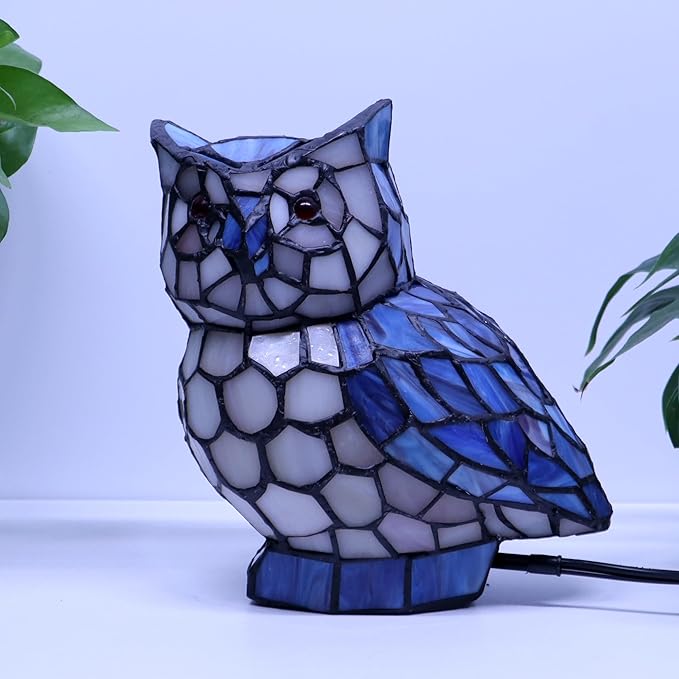 Tiffany Owl Lamp Blue and White Stained Glass Animal Table Lamp Accent Lamp - Bloomnest