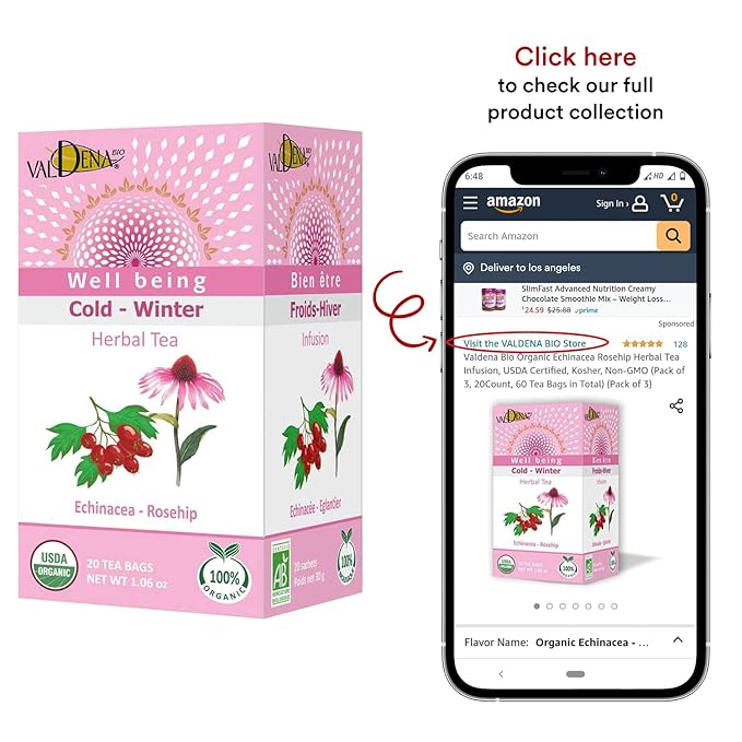 Valdena Bio Organic Echinacea Rosehip Herbal Tea Infusion (Pack of 3, total of 60 individually wrapped Tea Bags) Immunity boost, Immune support, Wellness tea, Kosher, Non-GMO - Bloomnest
