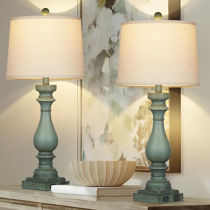 29" Tall Table Lamp for Living Room Set of 2,Vintage Bedside Nightstand Lamps with USB C+A Ports & AC Outlet,3-Way Dimmable Touch Control Retro Green Desk Lamp for Bedroom,Color 4 - Bloomnest