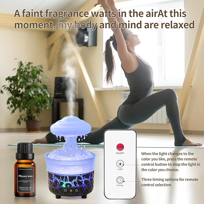 BOHOFAM Aroma Essential Oil Diffuser,Rain Cloud humidifier Simultaneously Water Drip and Air Mist,Rain Diffuser with 4 Hotel Collection Essential Oils for Home,Bedroom,Colorful Light(Black) - Bloomnest
