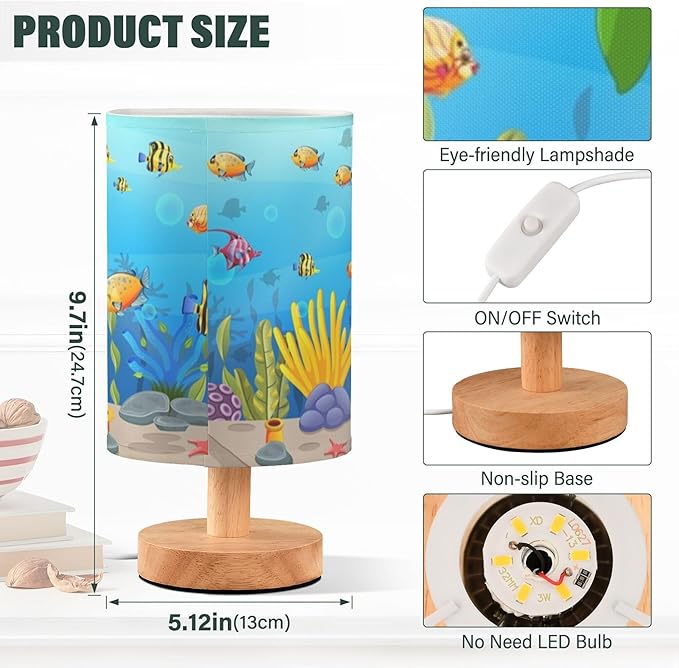 Table Lamp Colorful Underwater Sea Turtle Octopus Crab Fish Coral Aquatic Nightstand Lamp with Wood Base Fabric Lamp Shade Bedside Desk Lamp for Living Room Bedroom Kids Room Office - Bloomnest