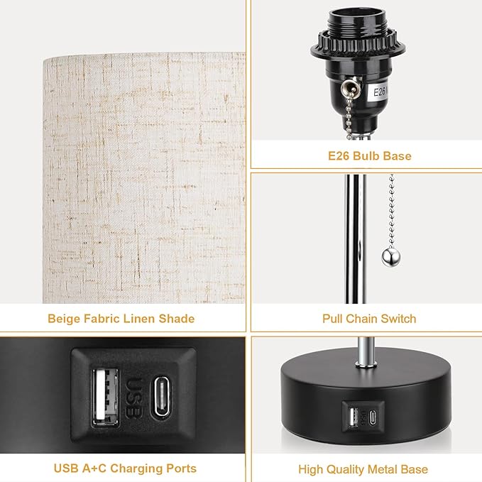 ROTTOGOON 3-Color Temperature Bedside Lamp Nightstand Lamp with USB A Port and C Port, Table Lamp for Bedroom with LED Bulb Small Lamps for Living Room (Otmeal) - Bloomnest