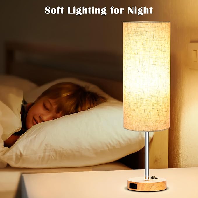 ZJOJO Table Lamp for Bedroom 2 Pack,18in Bedside Lamps with 3 Way Dimmable Rocker Switch & AC Outlet,Nightstand Desk Lamp with Flaxen Fabric Shade Woodgrain Base for Living Room Home Decor Lights - Bloomnest