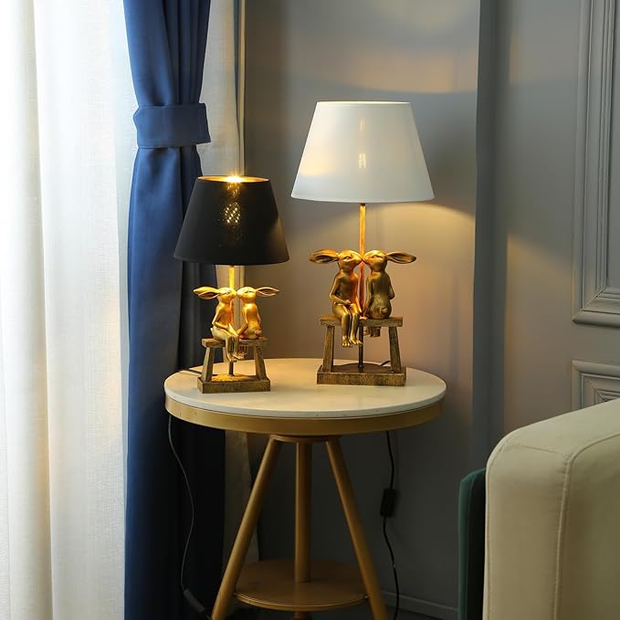 Kissing Bunny Lamp,H16ins Resin Gold Rabbit Table Lamp,Bedroom Bunny Night Light, Energy Efficient Nightstand Lamp,as Present for Belover (Small Black Shade) - Bloomnest