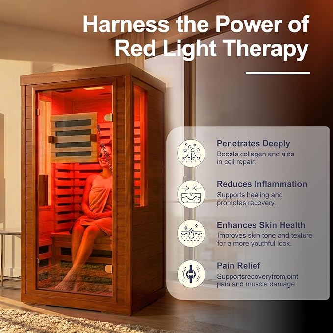 Low EMF Full Spectrum Infrared Sauna with FDA-Certified Red Light Therapy, Fast Heat-Up 1170W 110V, 1-Person Carbon Fiber Dry Sauna, Canadian Hemlock for Home Bloomnest