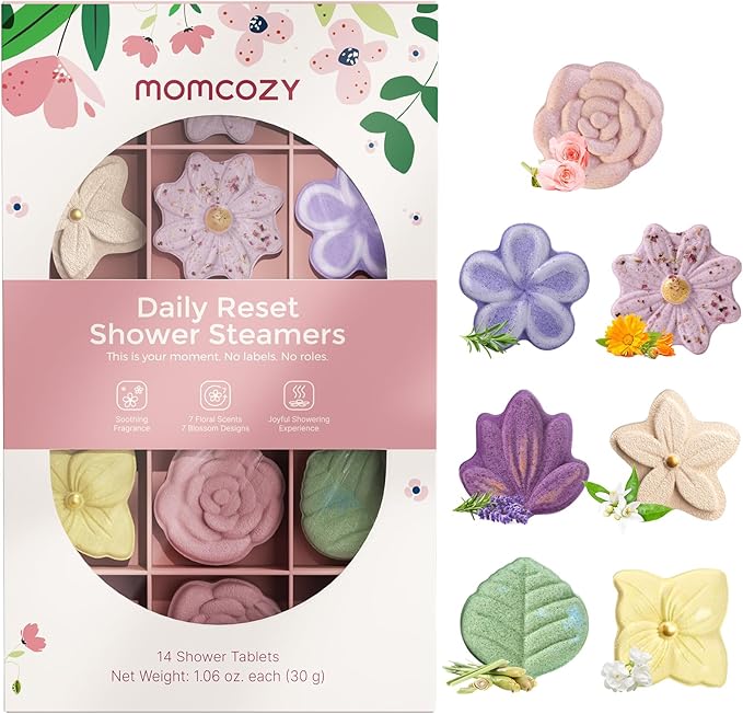 Momcozy Shower Steamers 14 Pack-7 Unique Shapes & Floral Scents, Long Lasting Fragrance, Gentle Formula, Perfect Travel & Gift Idea for Home Spa Relaxation - Bloomnest