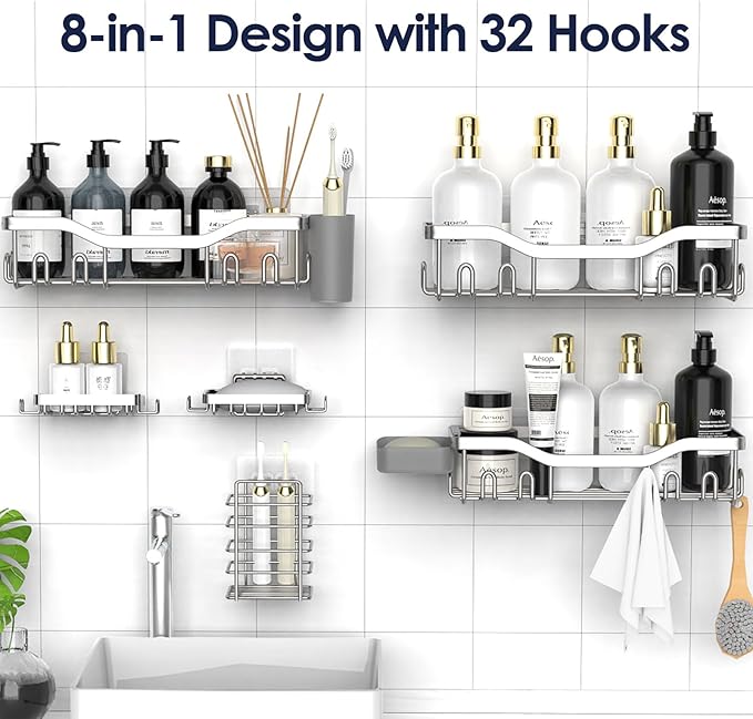 Shower Caddy Adhesive Shower Organizer 8-Pack, Rustproof Stainless Steel Bathroom Shelves, Large Capacity No-Drill Rack Storage Accessories with Soap Dish Toothbrush Holder Hooks - Bloomnest