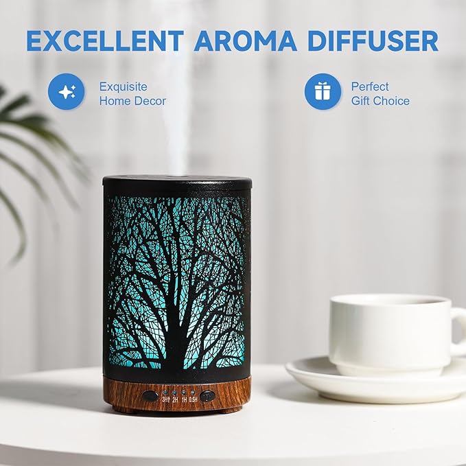 Essential Oil Diffuser 120ML Metal Aromatherapy Diffuser with Timer, Cool Mist Humidifier with Auto Shut-Off & 7 Color Lights for Home Office Spa (Tree) - Bloomnest