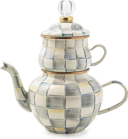 MACKENZIE-CHILDS Enamel High-Tea Teapot, Cup, and Lid, Cute Teapot and Teacup Combo, Gray-and-White Sterling Check - Bloomnest