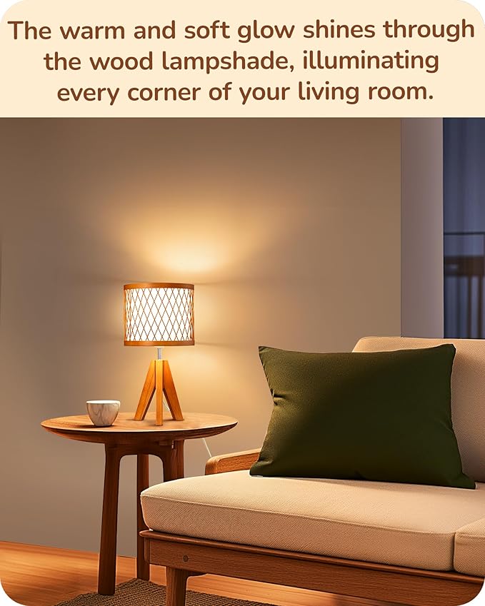 EDISHINE Small Table Lamp, 14.17" Wood Tripod Bedside Lamp with Bamboo Lampshade & PVC Shade, ON-Off Switch & E26 Base, Boho Nightstand Lamp for Living Room, Bedroom - Bloomnest