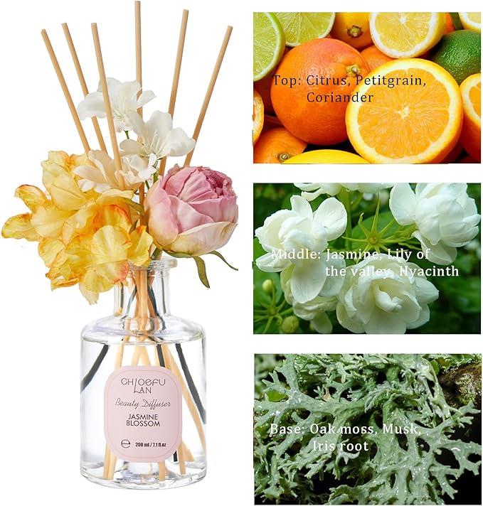 Chloefu Lan Flowers Reéd Diffuser for Girls Room Decor, 6.7oz with 9 Sticks, Jasmine Blossom Scent Diffusers for Home, Scentsy Home Fragrance, Scented Oils, Home & Bathroom Décor - Bloomnest