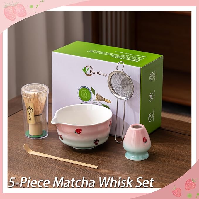 Matcha Whisk Set, Matcha Bowl with Spout, Matcha Whisk and Holder, Bamboo Matcha Scoop and Stainless Sifter,Ceramic Matcha Bowl(Pink Green) - Bloomnest