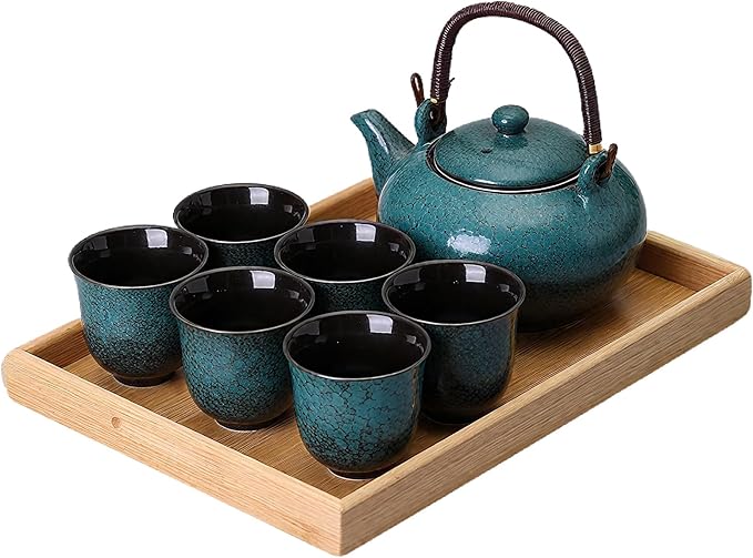KEYDUACU Japanese Tea Set, Ceramic Tea Set, Plum Blossom Embossed, Teapot, 6 Teacups, Tea Tray, Strainer, Home, Outdoor, Gift, Chinese Kung Fu Tea Set (Pine Green) - Bloomnest