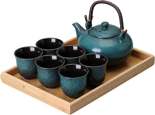 KEYDUACU Japanese Tea Set, Ceramic Tea Set, Plum Blossom Embossed, Teapot, 6 Teacups, Tea Tray, Strainer, Home, Outdoor, Gift, Chinese Kung Fu Tea Set (Pine Green) - Bloomnest