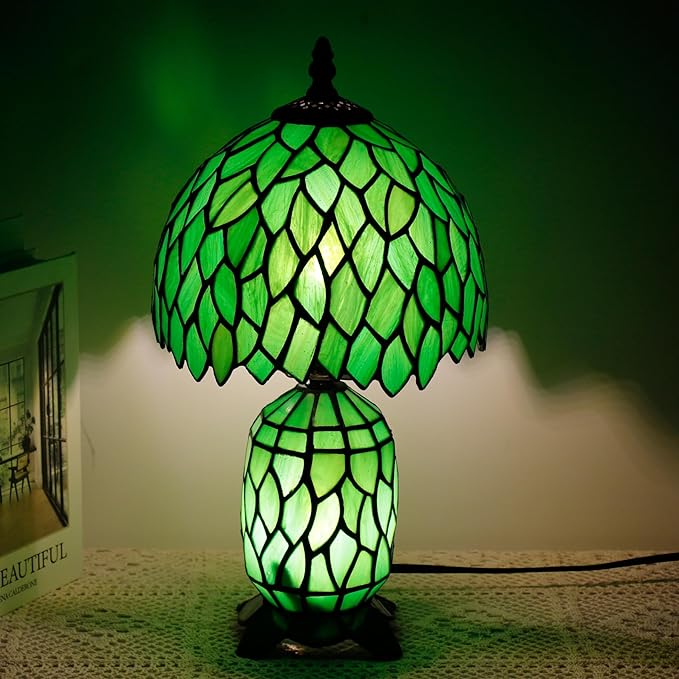 Small Tiffany Lamp Stained Glass Table Lamp Mini Mother Daughter Vase Desk Accent Night Light for Bedroom Bedside Reading Home Antique Style 8X14 Inches (Green Wisteria) - Bloomnest