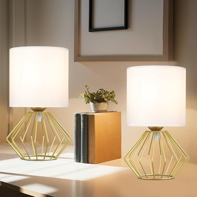 Hamilyeah Table Lamps Set of 2, Modern Bedside Lamps with White Fabric Shade, Industrial Night Stand Lamps with On/Off Switch, Gold Simple Lamp for Bedroom, Living Room - Bloomnest