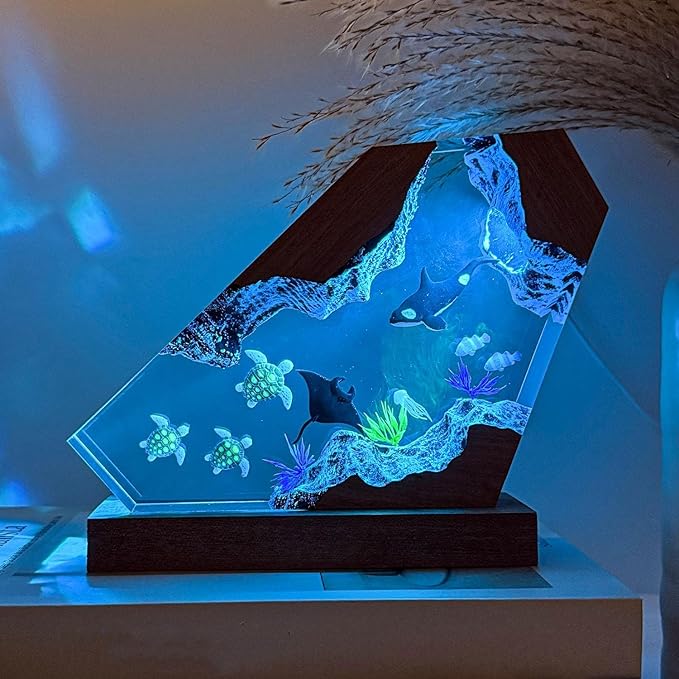 Orca Ocean Resin Lamp, Handmade Wooden Table Resin Night Light, USB Port Art Ornaments for Home Office Decor, Scuba Diver Gifts for Birthday Holiday, Unique Thanksgiving Day and Christmas Gifts - Bloomnest