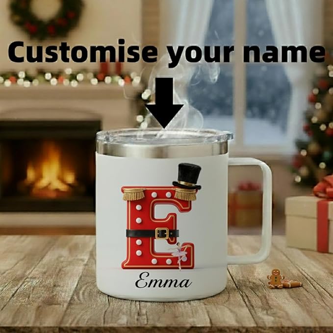Personalized Nutcracker Ballet Mug with Custom Name & Initial - 14oz Insulated Coffee Tumbler with Handle & Lid - Elegant Christmas Gift for Dancers, Ballerinas, Women & Girls (B65) - Bloomnest