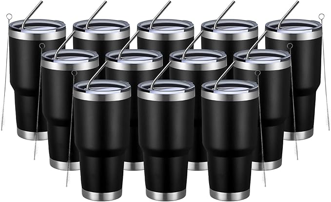 MEWAY 30oz Insulated Tumbler With Lids and Straws,Stainless Steel Double Vacuum Coffee Tumbler Cup, Brush, Durable Powder Coated Coffee Cup for Cold & Hot Drinks, Office, Travel(Black,12 PACK) - Bloomnest