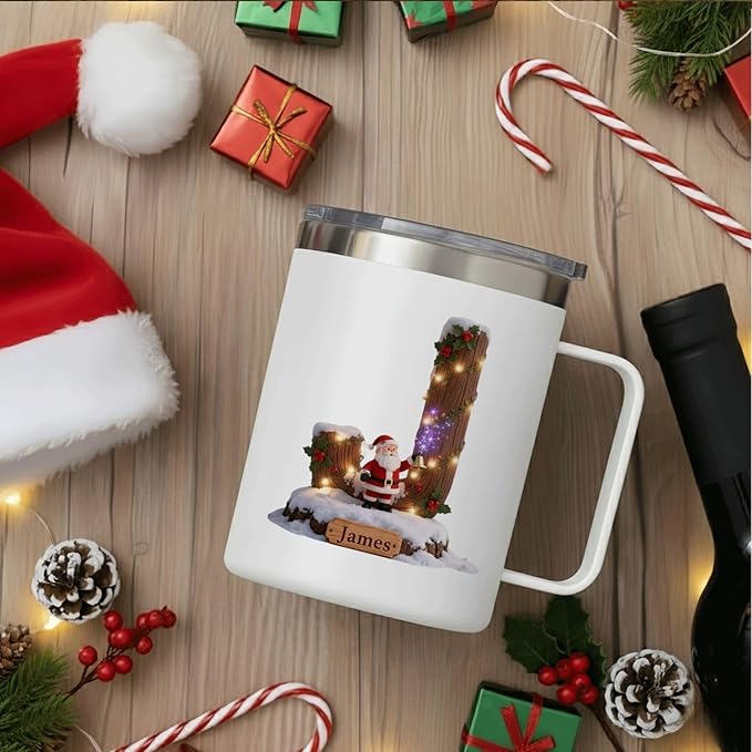 Personalized Christmas Mug | Custom Rustic Log Santa Initial Insulated Coffee Cup with Handle & Lid | 12oz Holiday Tumbler, Unique Winter Scene Gift (B38) - Bloomnest