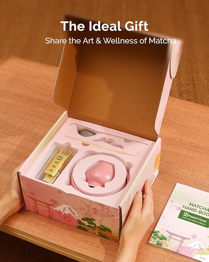 Maestri House Pink Matcha Whisk Set, 7-Pc Complete Matcha Kit with Spouted Ceramic Bowl, Bamboo Whisk and Holder, Scoop, Spoon Rest & Sifter, Tea Cloth – Ideal Gift for Matcha Lovers (Pink) - Bloomnest