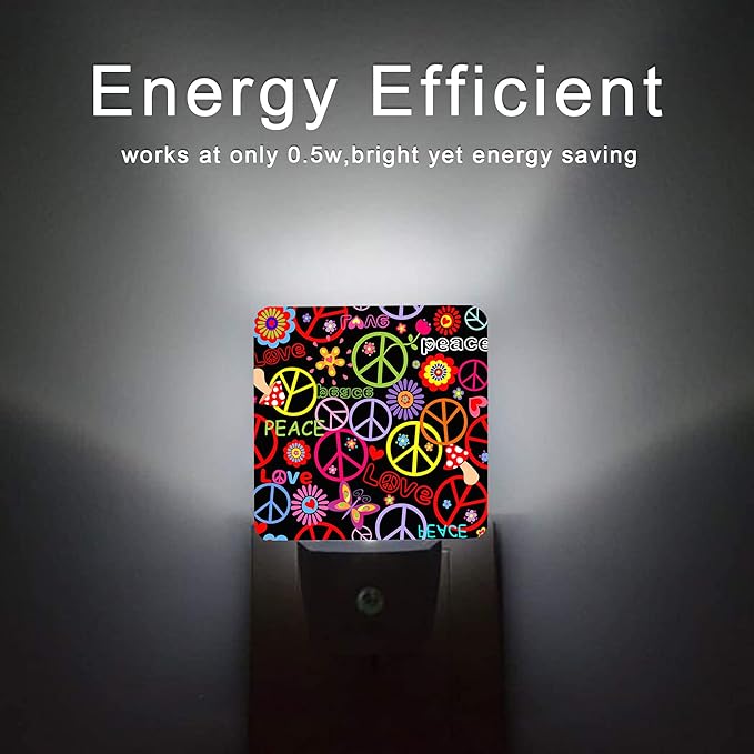 Hippie Peace Flowers Night Light,Hippies Plug-in Night Lights with Dusk-to-Dawn Sensor for Bedroom, Bathroom and Living Room 0.5W Sleep Friendly lamp for for Girlfriend/Boyfriend Gift - Bloomnest