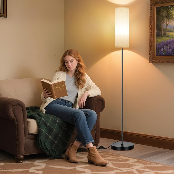 FRIDEKO HOME Floor Lamp with Beige Shade, Simple Design with Foot Pedal Switch, Small Tall Lamps for Living Room Bedroom Office, Corner Floor Stand Light with Black Pole Lamp (No Bulb/No Remote) - Bloomnest