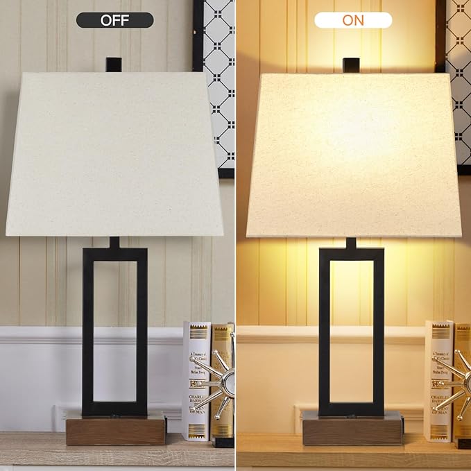 Table Lamp for Bedroom Set of 2 with 2 USB Ports and AC Power Outlet, 23.5" Modern Bedside Lamp, Wood Nightstand Lamp with Linen Shade for Living Room Hotel Desk(LED Bulb Included) - Bloomnest