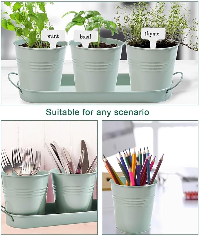 vensovo Indoor Herb Planter Set - Galvanized Windowsill Garden Pots with Tray & Drainage, Set of 3 Metal Window Planters for Kitchen & Outdoor Use, Light Green - Bloomnest