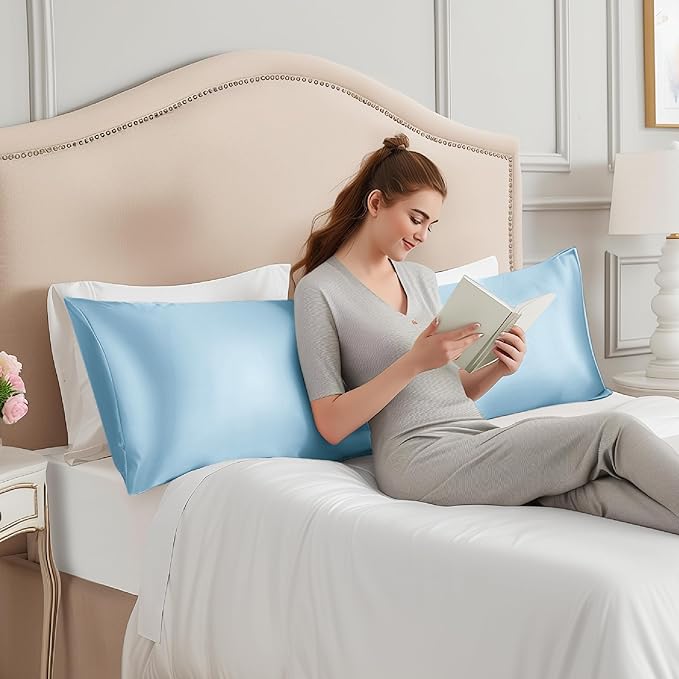 INFIIXSO Body Pillow Cover with Zipper, Luxury Mulberry Silk Body Pillow Case 20x54 Inches, Ultra Smooth and Soft Cooling Long Pillowcase, Gift for Women, Men(Light Blue) - Bloomnest