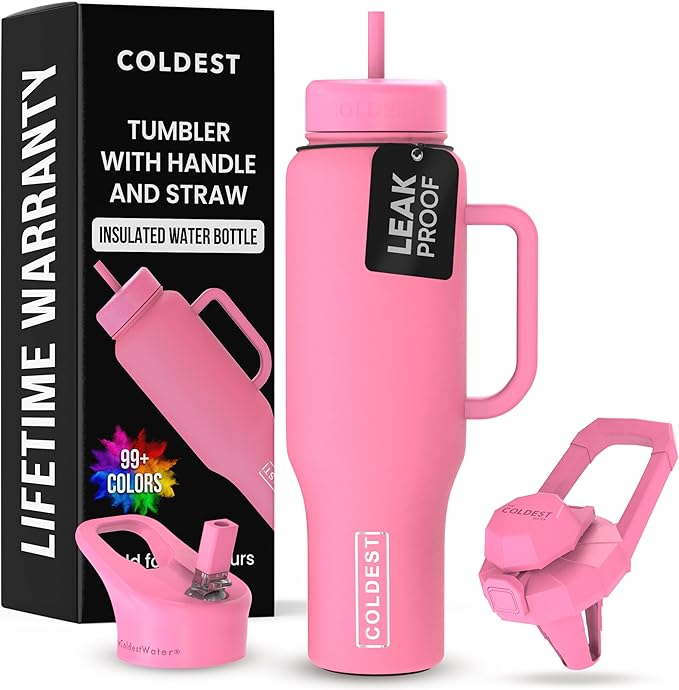 Coldest Tumbler with Handle and Straw, 100% Leak Proof Insulated Tumbler with Lid and Straw (3 Lids), Stainless Steel Tumblers for Women & Men, Cup Holder Friendly, 46 oz (Pink Perfection) - Bloomnest