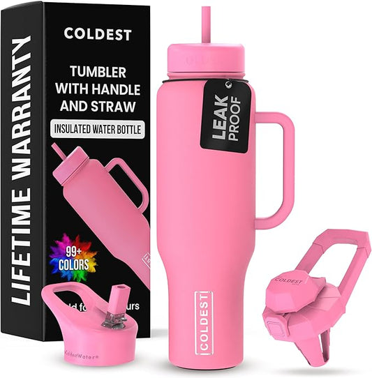 Coldest Tumbler with Handle and Straw, 100% Leak Proof Insulated Tumbler with Lid and Straw (3 Lids), Stainless Steel Tumblers for Women & Men, Cup Holder Friendly, 46 oz (Pink Perfection) - Bloomnest