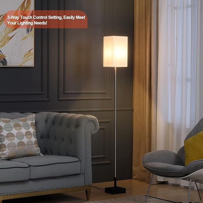 Floor Lamp, 3-Way Touch Control Dimmable Standing Lamp with Sturdy Marble Base, Brushed Nickel Touch Floor Lamp Tall Lamp with Square Linen Shade for Living Room, Bedroom, LED Bulb Included - Bloomnest
