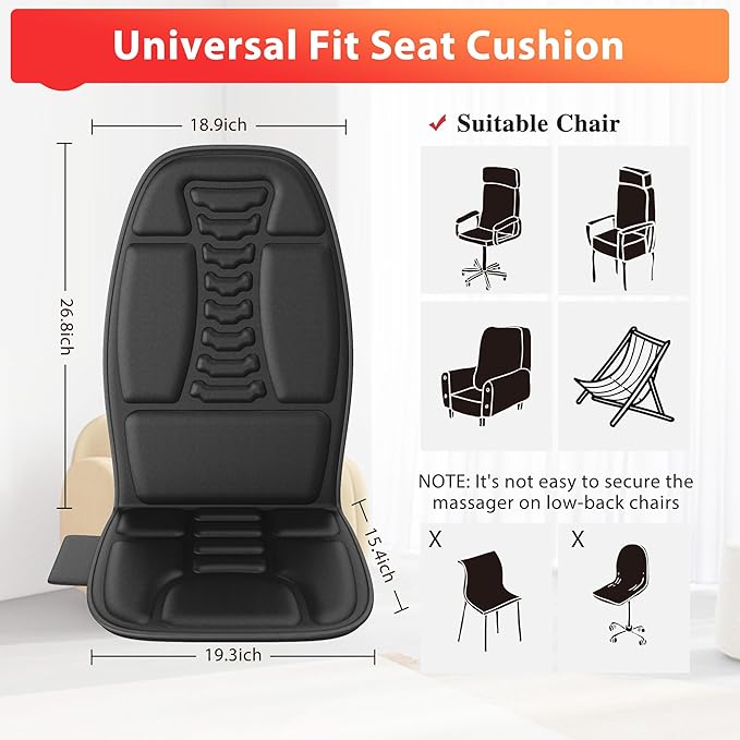 Back Massager with Heat, Massage Chair Pad with 5 Modes & 2 Heat Levels for Back & Thighs, Back Massage Pad for Office & Home Chairs, Gifts for Dad & Mom - Bloomnest