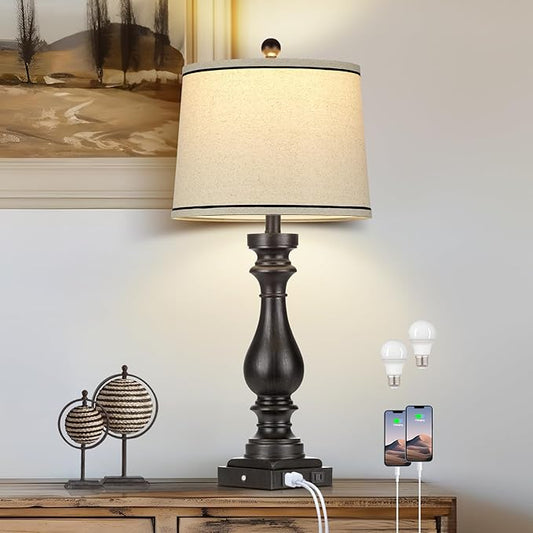 27.5" Farmhouse Table Lamp for Living Room,Vintage Bedside Nightstand Lamp with USB C+A Ports & AC Outlet,3-Way Dimmable Touch Control Retro Black Desk Lamp for Bedroom,Single Black - Bloomnest