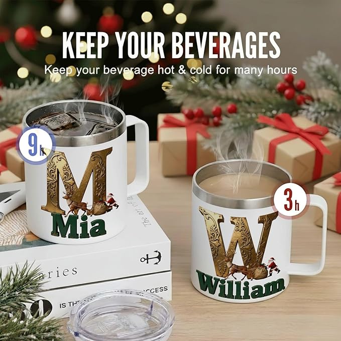 Personalized Christmas Insulated Coffee Mug with Handle, Custom Initial Name, Reindeer Santa Design, Stainless Steel Tumbler for Hot & Cold Drinks, Unique Holiday Gift for Men, Women, Kids (B126) - Bloomnest