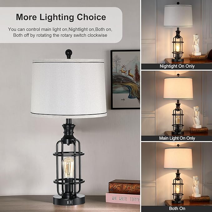 26.3”Table Lamps Set of 2 with USB Charging Ports,Farmhouse Bedside Nightstand Lamp with Rotary Switch,Rustic Reading Lamps Industrial Desk Lamps for Bedroom Living Room,Bulbs Included - Bloomnest