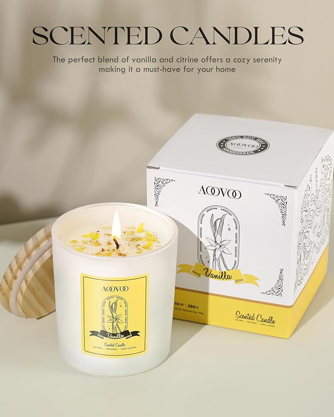 AOOVOO Vanilla Scented Candles for Women - Aromatherapy Candle with Crystals Inside, 10oz Soy Candles for Home Scented, Birthday Gifts Christmas Candle for Women Mom - Bloomnest