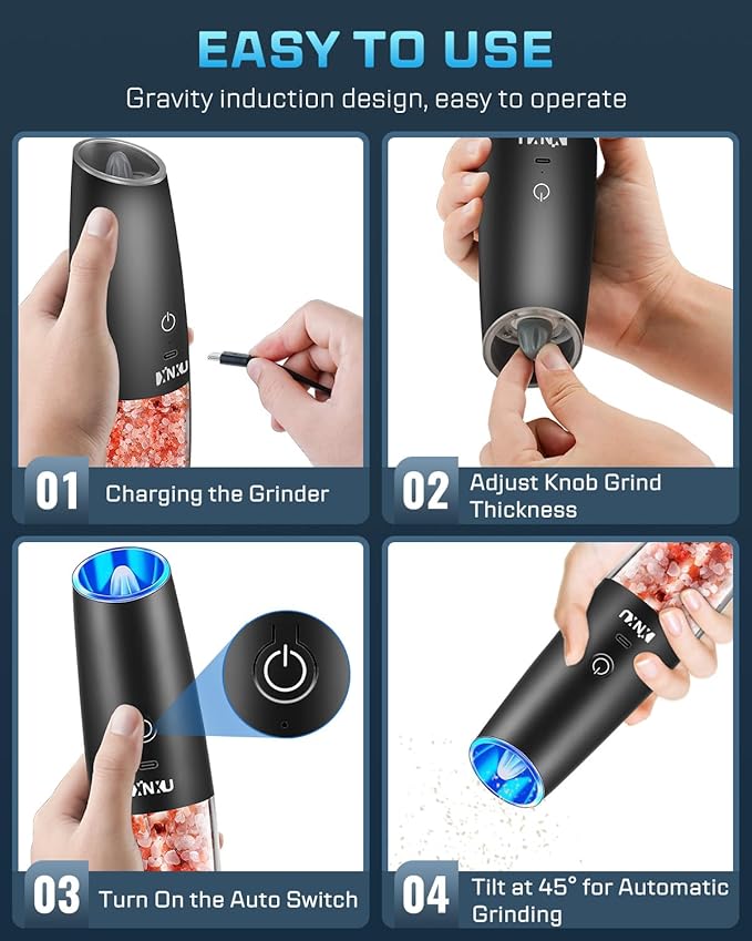 XinXu Gravity Electric Pepper and Salt Grinder Set, Adjustable Coarseness, with LED Light, One Hand Automatic Operation (Rechargeable Set/Black X) - Bloomnest