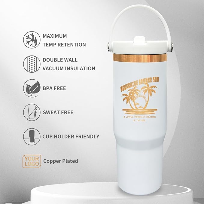30 oz Tumbler with Handle, Double Wall Vacuum Insulated Tumblers with Flip Straw, Coffee Mug 30oz Powder Coated Cup for Hot and Cold Drinks(Copper Plated, White,1 pack)