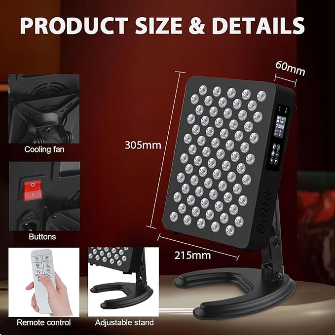 Red Light Therapy Panel for Face and Body, 630/660/810/850nm 4 Wavelengths Red Near Infrared Light Device with 70 Dual Chip LEDs, Timer and Stand, for Improve Sleep, Skin Wellness (Black, 350W)