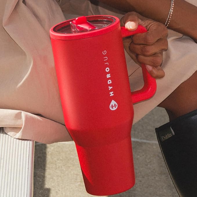 HydroJug Traveler - 32 oz Water Bottle with Handle & Flip Straw - Fits in Cup Holder, Leak Resistant Tumbler-Reusable Insulated Stainless Steel & Rubber Base - Gifts for Women & Men, Alumni Red - Bloomnest