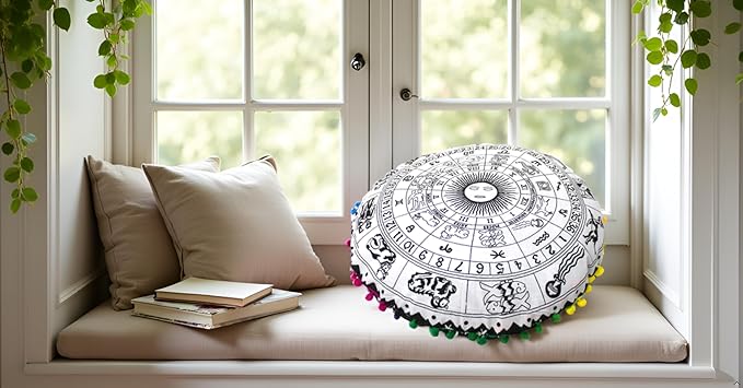 CRAFT KALA 22" Bohemian Floor Pillow Pouf Cover Mandala Boho Large Round Meditation Room Pillow Covers for Adults Seating Poufs Cushion Cover for Kids Playroom Black Zodiac - Bloomnest